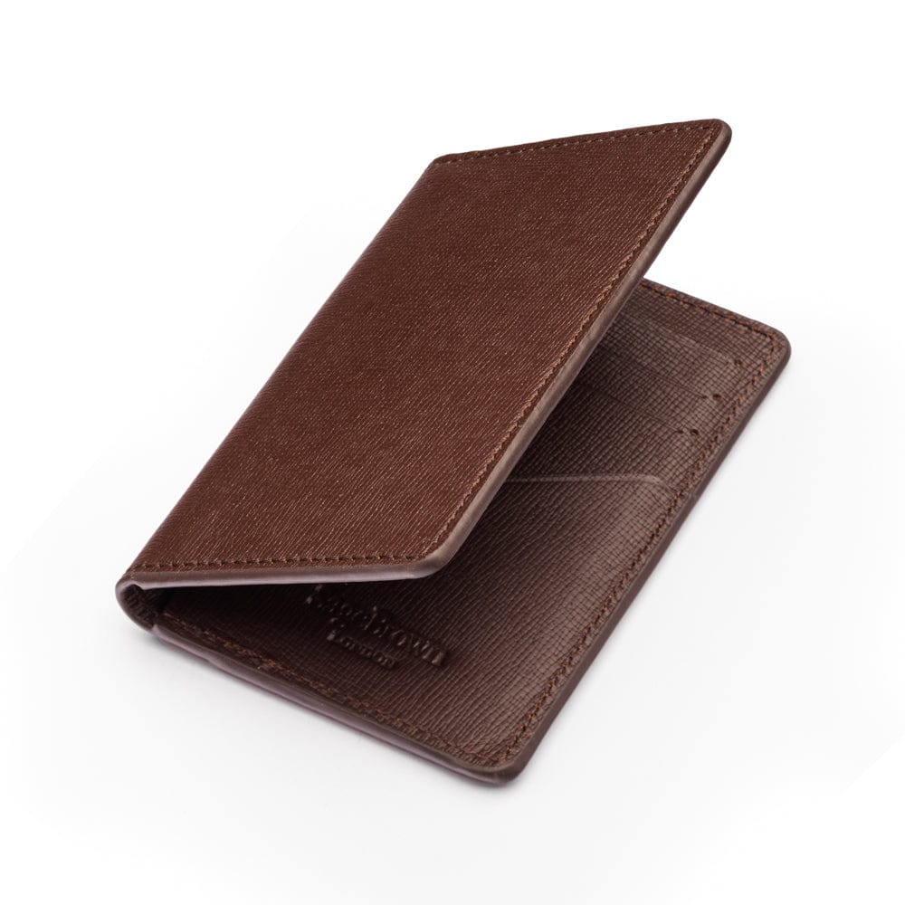 RFID bifold credit card holder, brown saffiano, open view