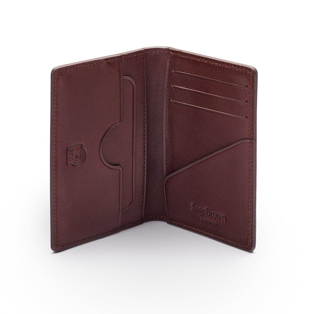 Leather card holder with RFID protection, brown, open