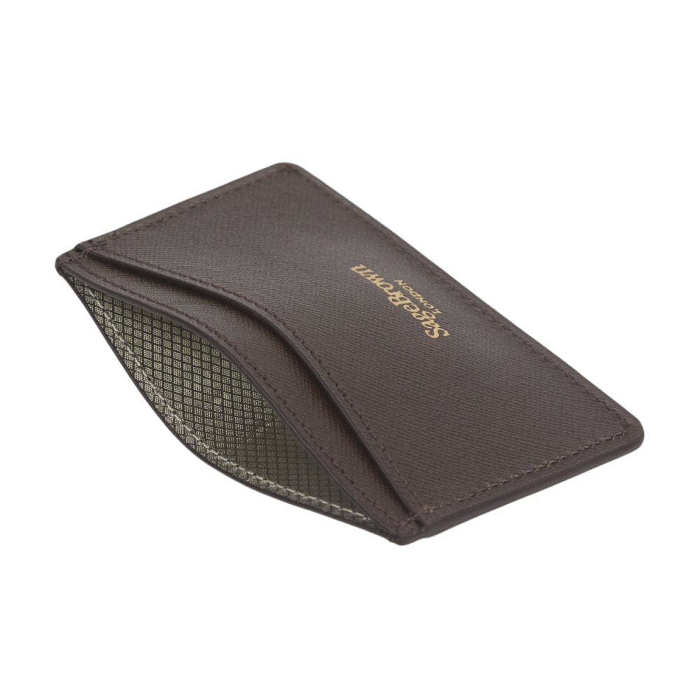 Brown Saffiano Flat Leather Credit Card Case With RFID Blocking Lining
