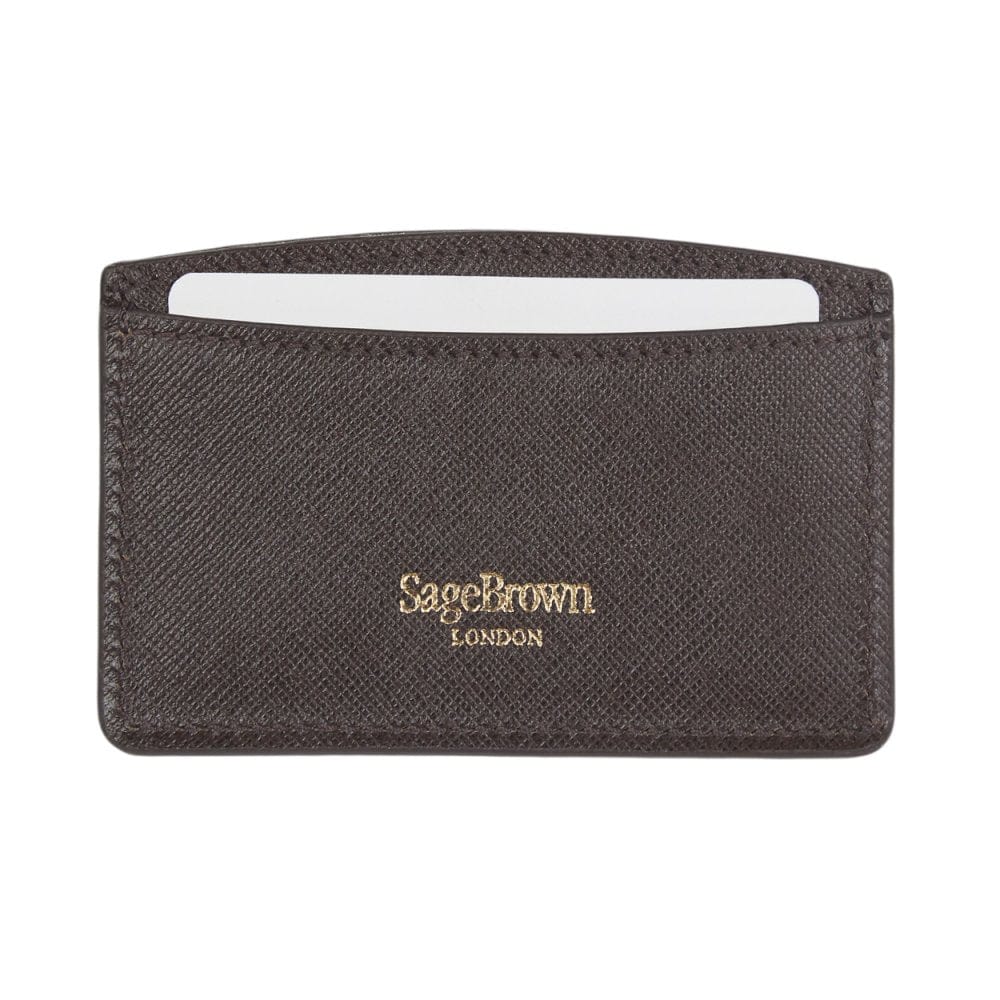 Brown Saffiano Flat Leather Credit Card Case With RFID Blocking Lining