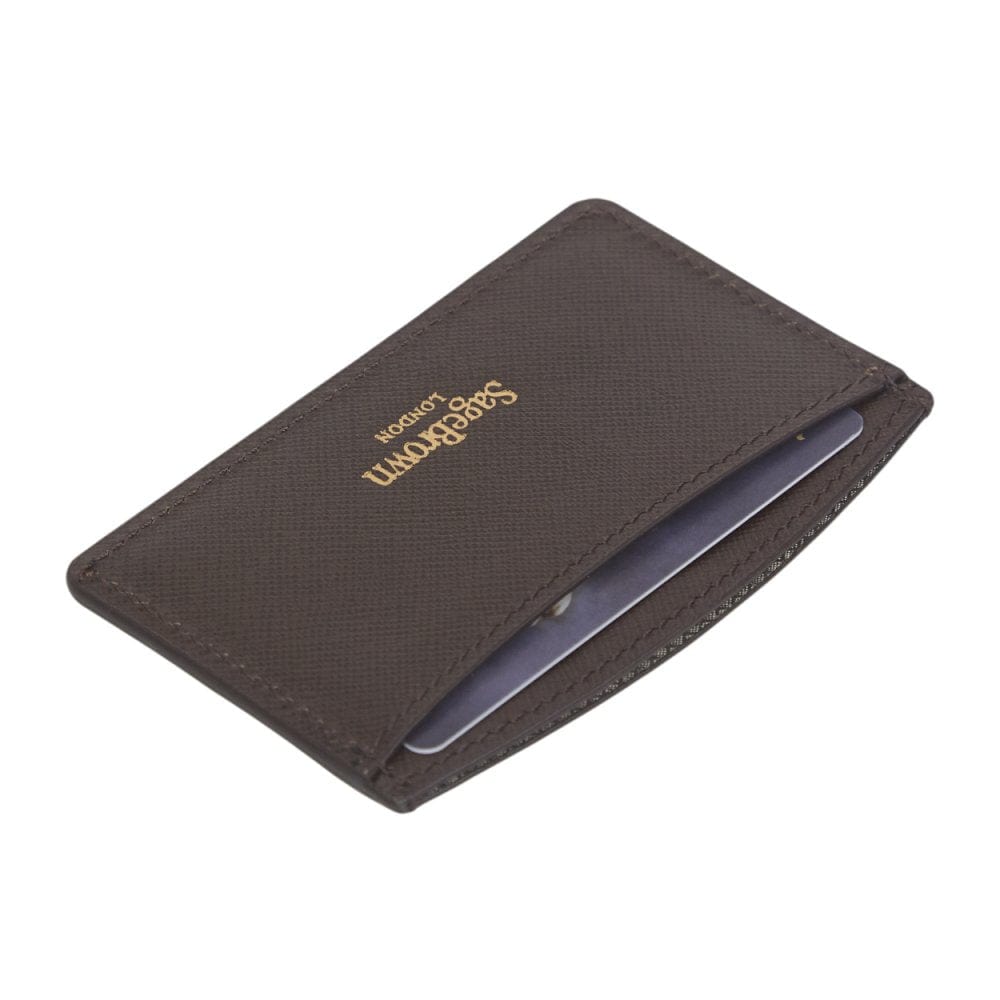 Brown Saffiano Flat Leather Credit Card Case With RFID Blocking Lining