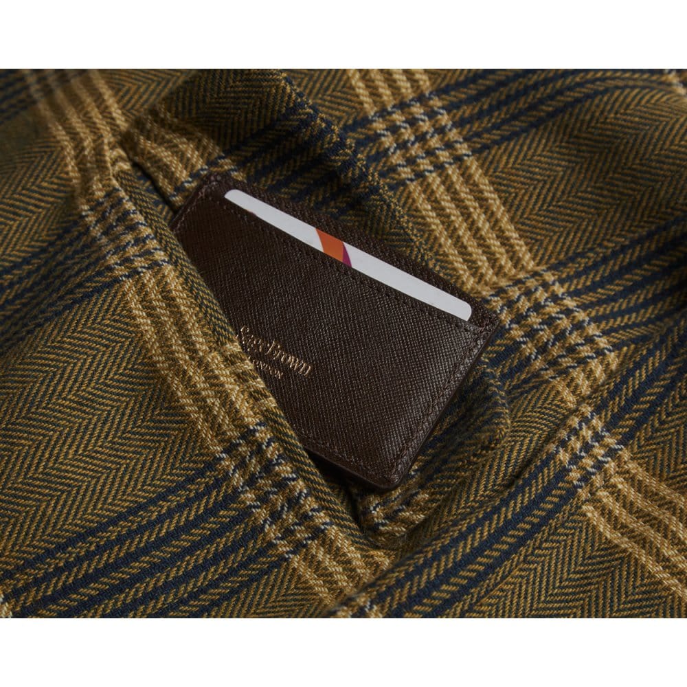 Brown Saffiano Flat Leather Credit Card Case With RFID Blocking Lining