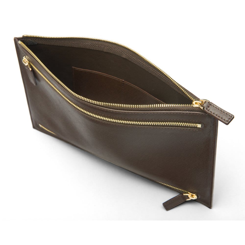 Leather travel document and currency case, brown, inside