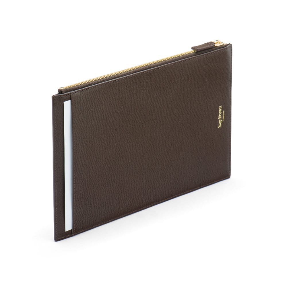 Leather travel document and currency case, brown, back