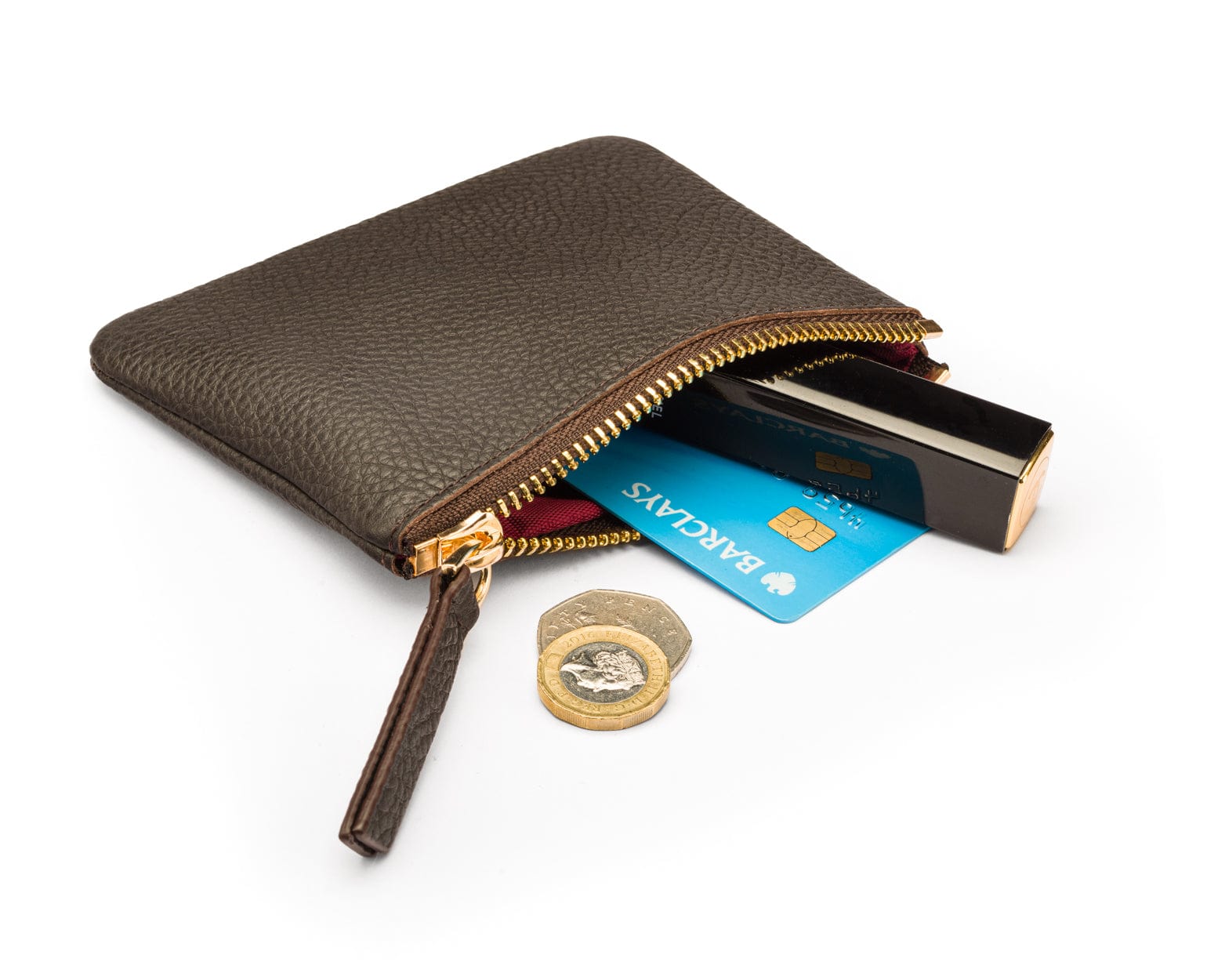Small leather makeup bag, brown, inside view