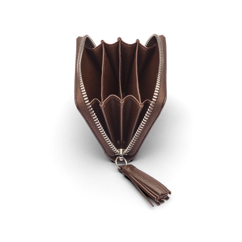 Small leather zip around coin purse, brown saffiano, open