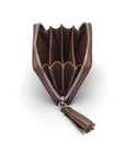 Small leather zip around coin purse, brown saffiano, open