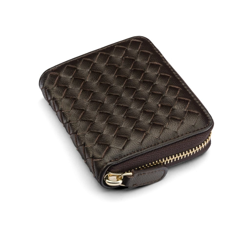 Small zip around woven leather accordion purse, brown, front