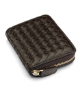 Small zip around woven leather accordion purse, brown, front