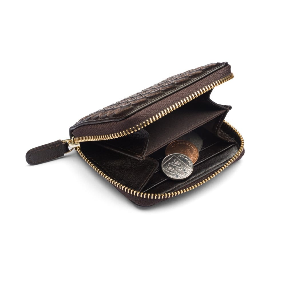 Small zip around woven leather accordion purse, brown, inside