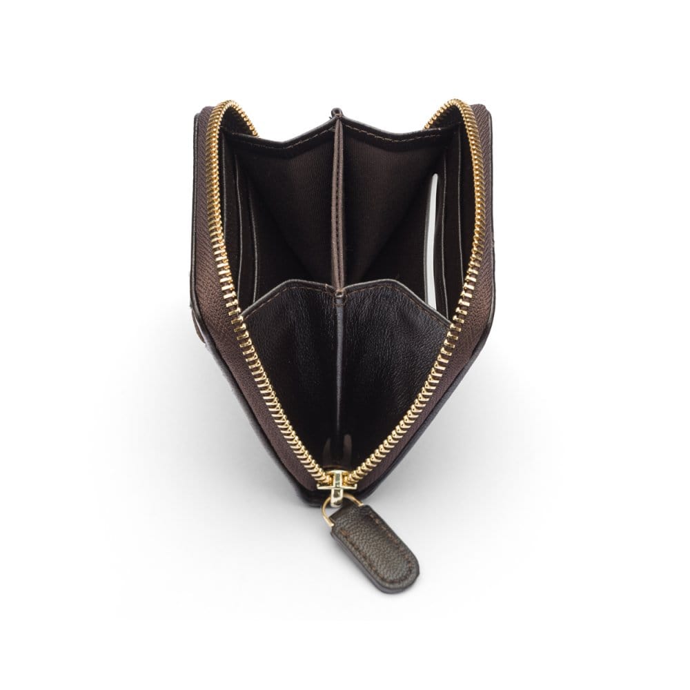 Small zip around woven leather accordion purse, brown, open