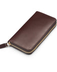 Tall leather zip around accordion purse, brown, front