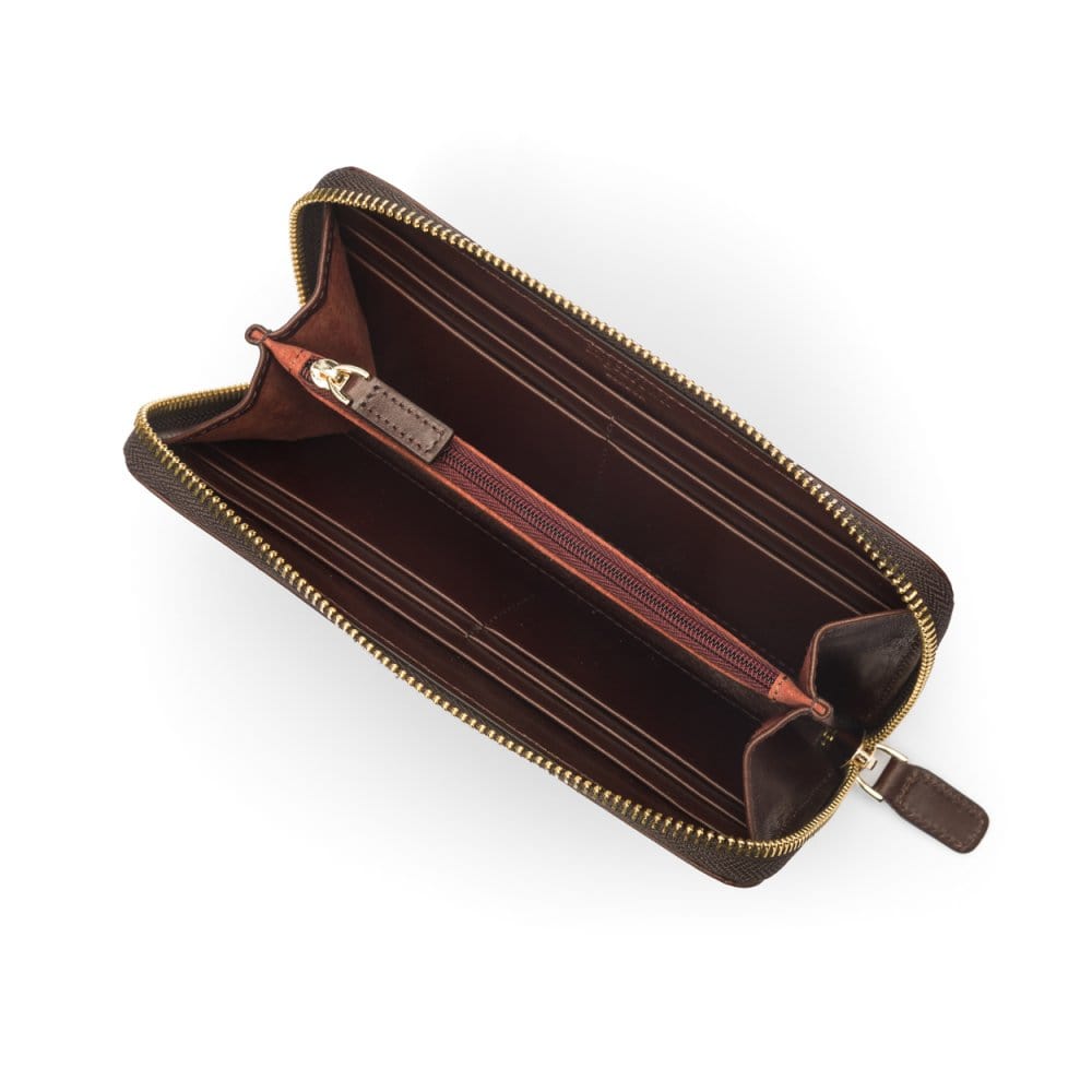 Tall leather zip around accordion purse, brown, inside