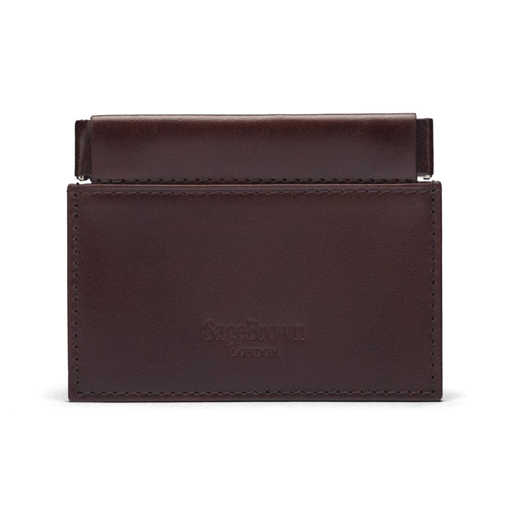 Leather squeeze spring coin purse, brown, back
