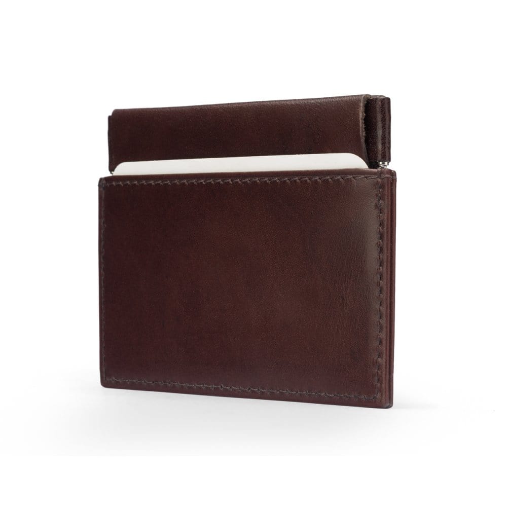 Leather squeeze spring coin purse, brown, side