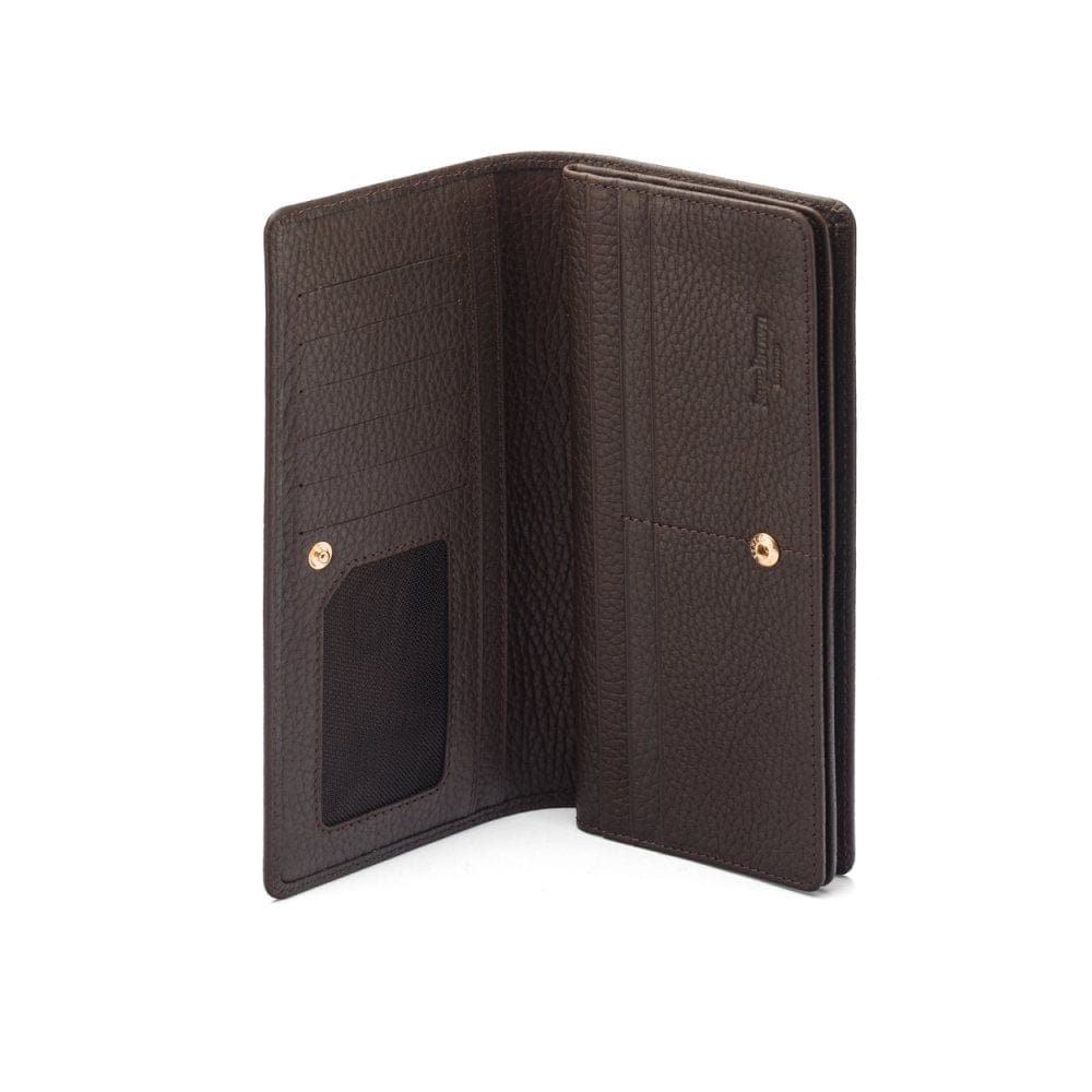 Tall leather Trinity purse, brown, open