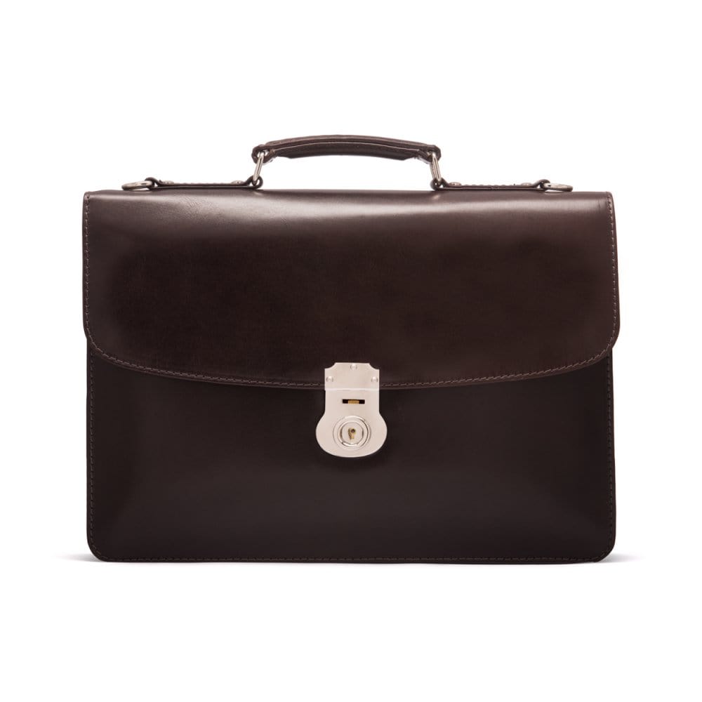 Leather briefcase with silver brass lock, Harvard vintage look, brown, front