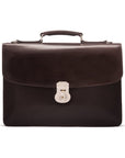 Leather briefcase with silver brass lock, Harvard vintage look, brown, front