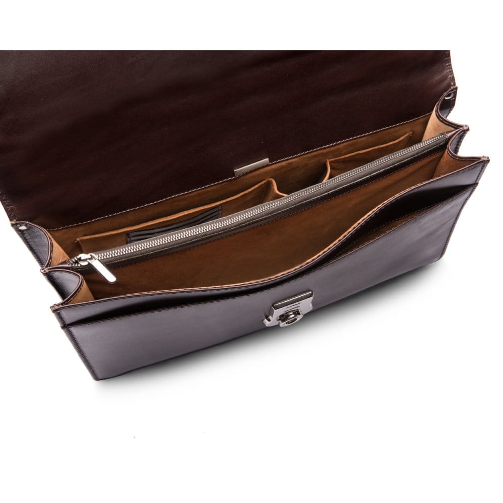 Leather briefcase with silver brass lock, Harvard vintage look, brown, inside