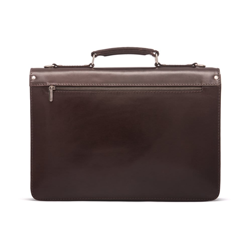 Leather briefcase with silver brass lock, Harvard vintage look, brown, back