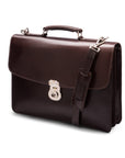 Leather briefcase with silver brass lock, Harvard vintage look, brown, side