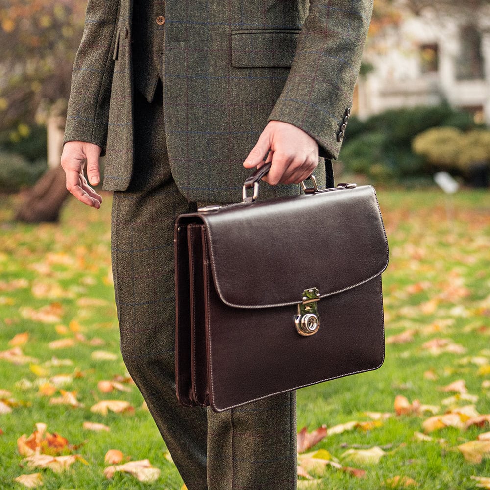 Leather briefcase with silver brass lock, Harvard vintage look, brown, lifestyle