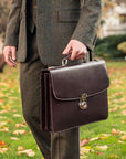 Leather briefcase with silver brass lock, Harvard vintage look, brown, lifestyle