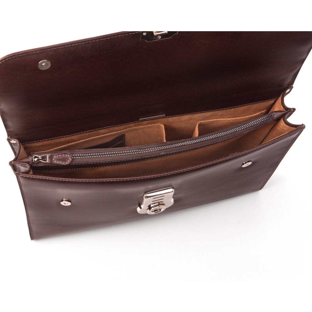 Brown Vintage Leather Wall Street Briefcase With Silver Brass Lock