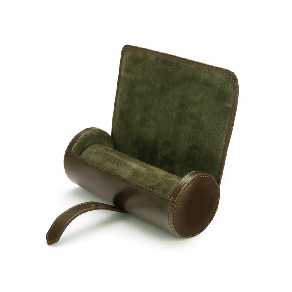 Large leather watch roll, brown with green, inside