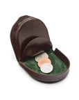 Leather horseshoe coin purse, brown with green, open
