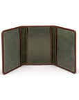 Leather tri-fold travel card holder, brown with green, open