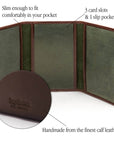 Leather tri-fold travel card holder, brown with green, featuresr