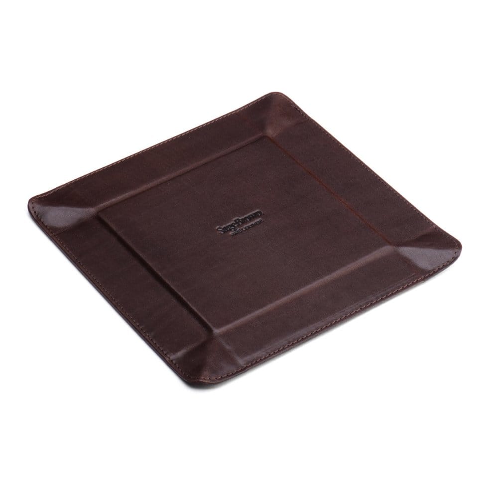 Leather valet tray, brown with green, flat base