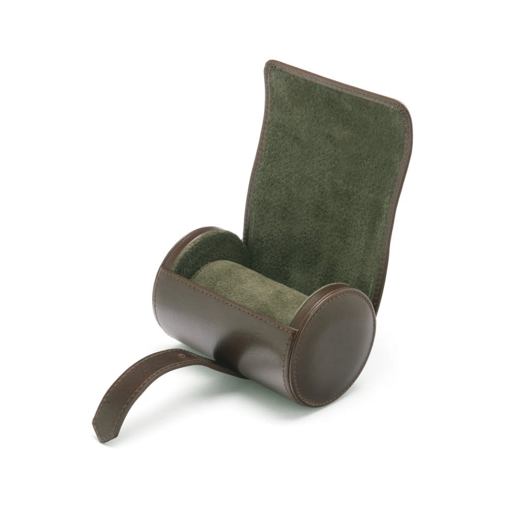 Small leather watch roll, brown with green, open