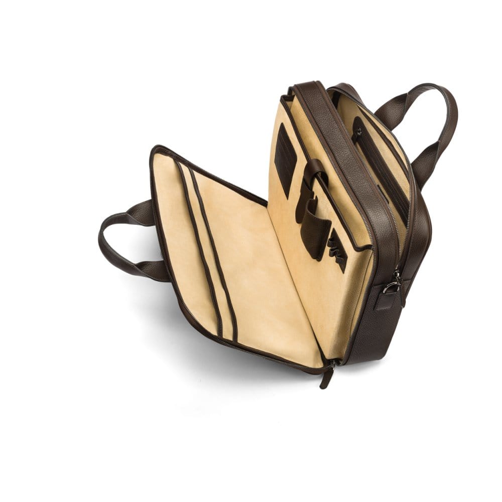 15" leather laptop briefcase, brown, inside