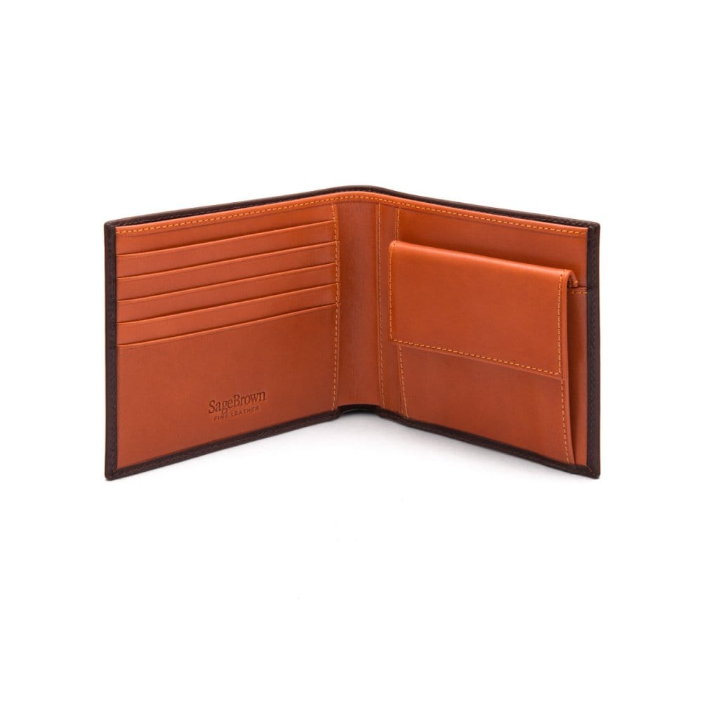 Leather wallet with coin purse, brown with orange, open
