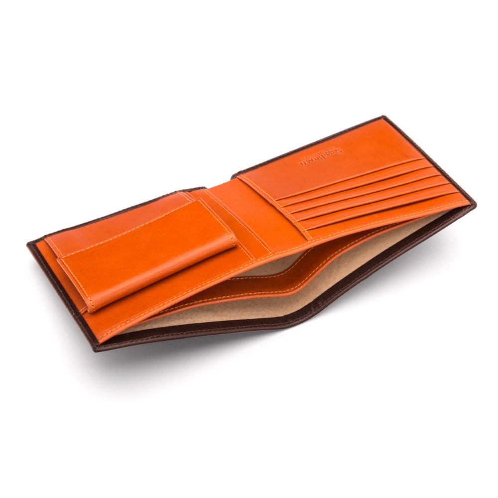 Leather wallet with coin purse, brown with orange, inside