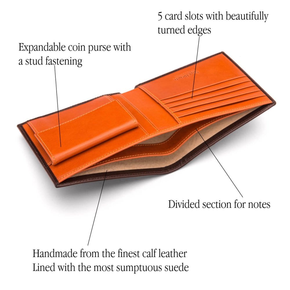 Leather wallet with coin purse, brown with orange, features