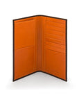 Tall leather wallet with 8 card slots, brown with orange, open