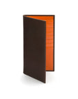 Tall leather wallet with 8 card slots, brown with orange, front