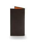 Tall leather wallet with 8 card slots, brown with orange, back
