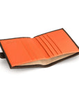 Compact leather billfold wallet with tab, brown with orange, inside