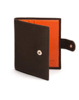 Compact leather billfold wallet with tab, brown with orange, front