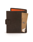 Compact leather billfold wallet with tab, brown with orange, back