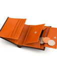 Leather wallet with coin purse, brown with orange, open