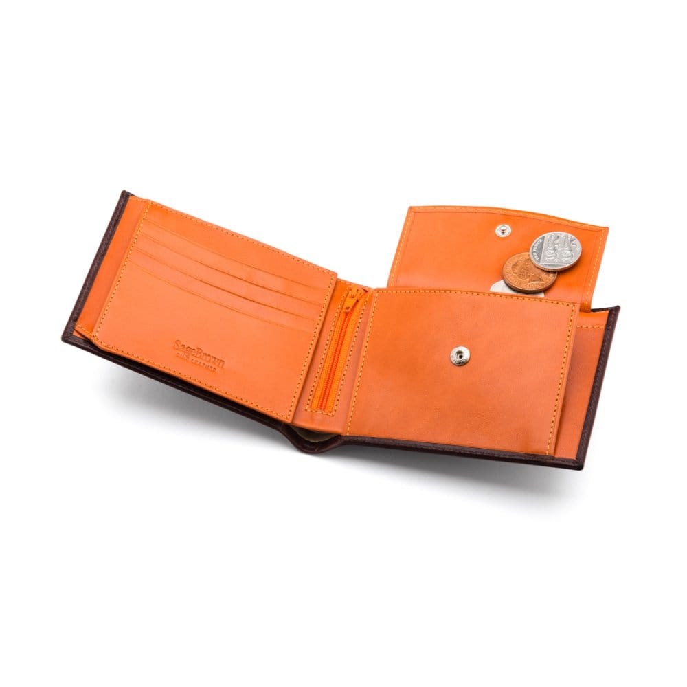 Leather coin wallet, brown with orange, inside