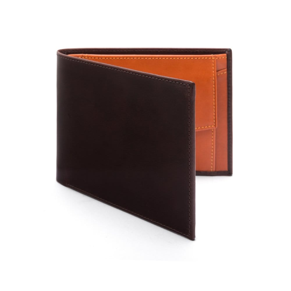 Leather coin wallet, brown with orange, front