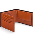 Leather coin wallet, brown with orange, open