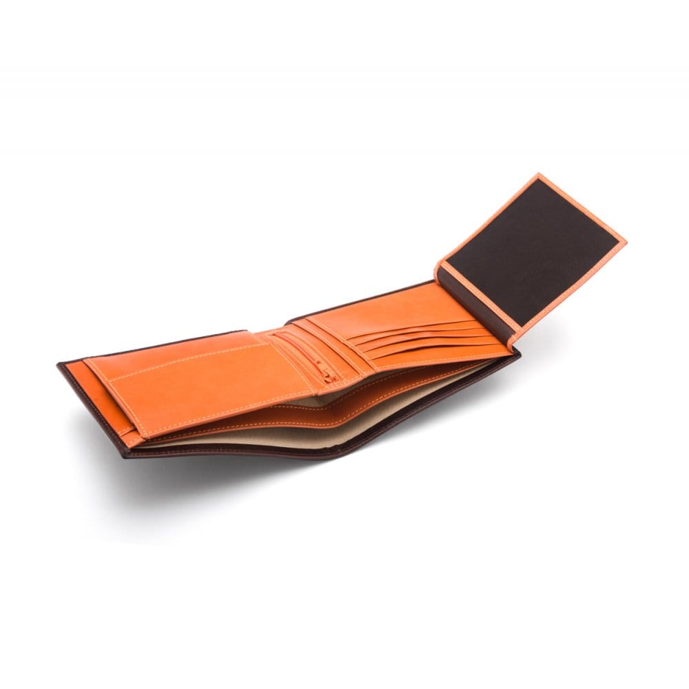 Leather coin wallet, brown with orange, interior