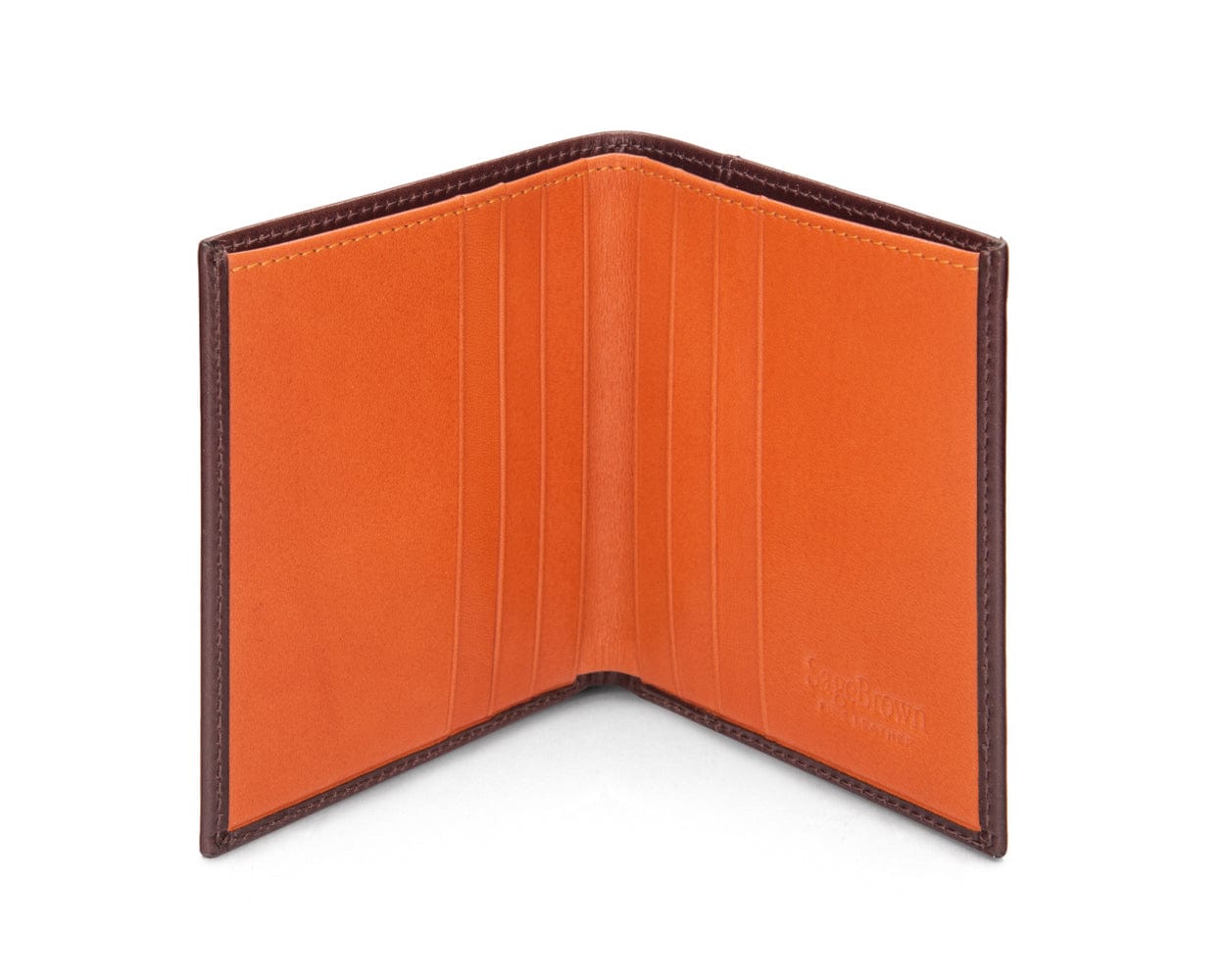 Leather compact billfold wallet 6CC, brown with orange, open